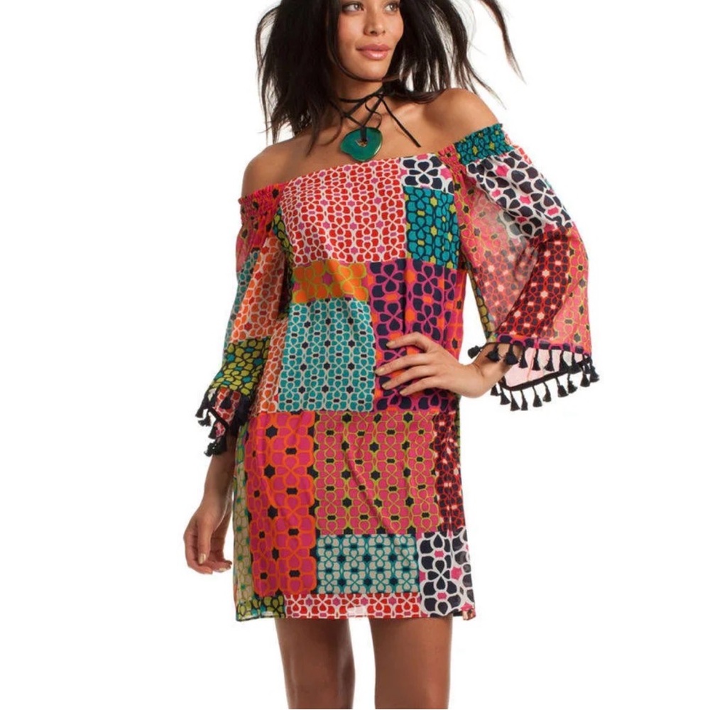 EUC Trina Turk sz0 Amaris Shangri La Patchwork Silk Off-Shoulder Mini Dress…